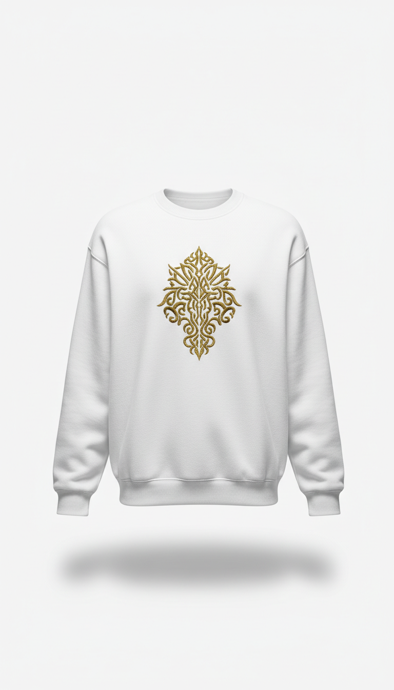 White Sweatshirt with Gold Sacred Embroidery