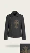 Charcoal Zip-Up Jacket with Brass Cross Embroidery