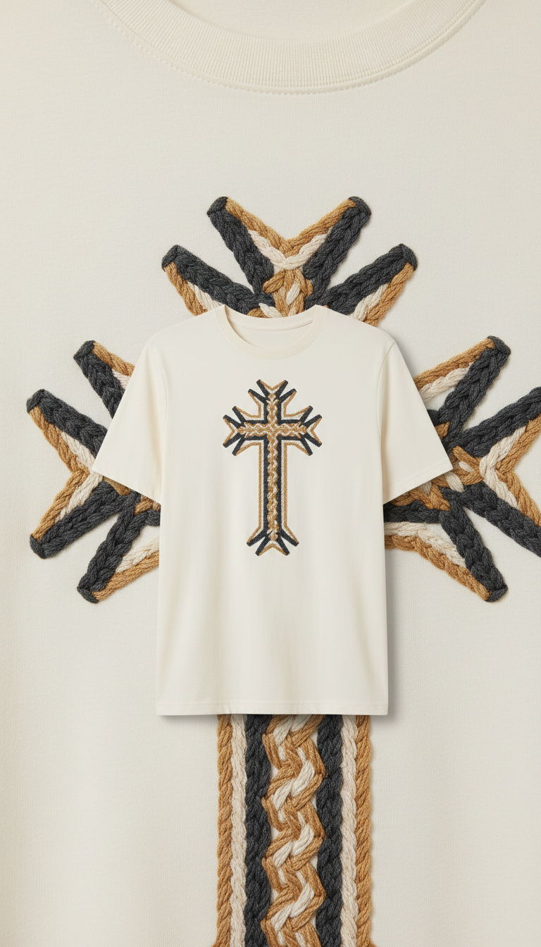 Ivory Cotton Tee with Cross Embroidery